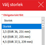 Exempelbild på hur det ser ut när man klickar på köpknappen på en produkt med storleksval.